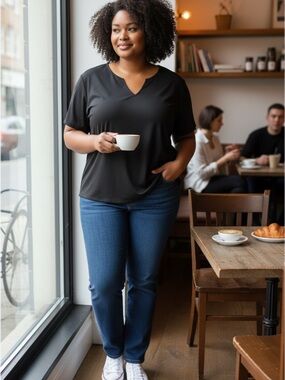 SHEIN Black Short Sleeve V-Notch Tee